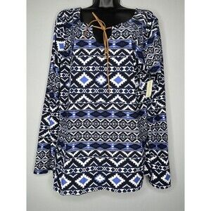 XLarge Bobbie Brooks Womens Blue & White Soft Aztec South Western Shirt Top Knit